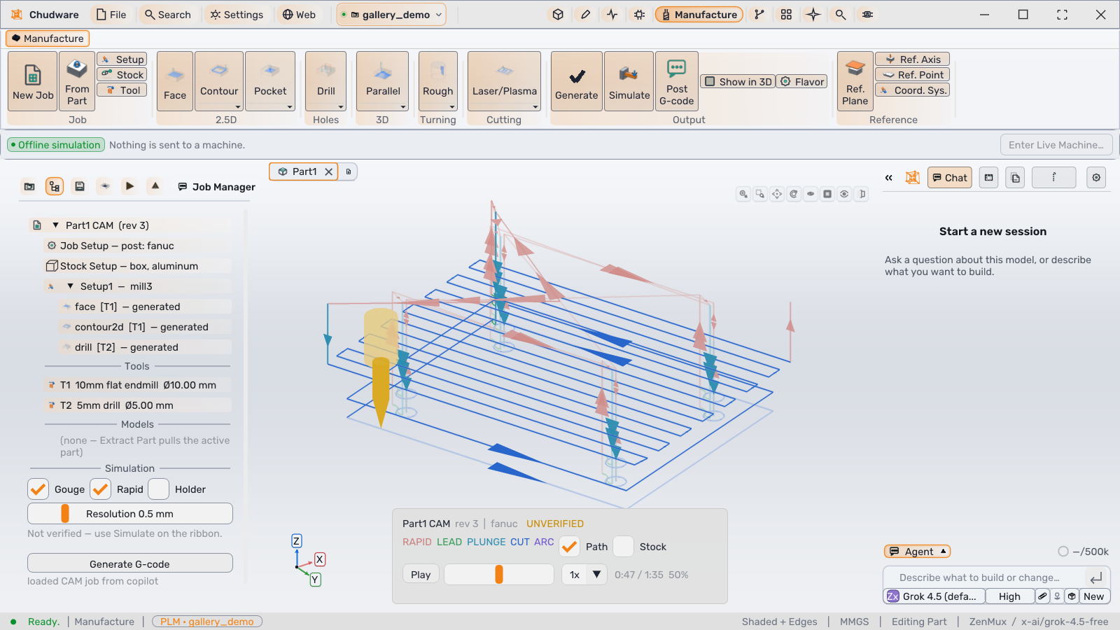 Chudware manufacturing workspace with stock, operations, and toolpath simulation