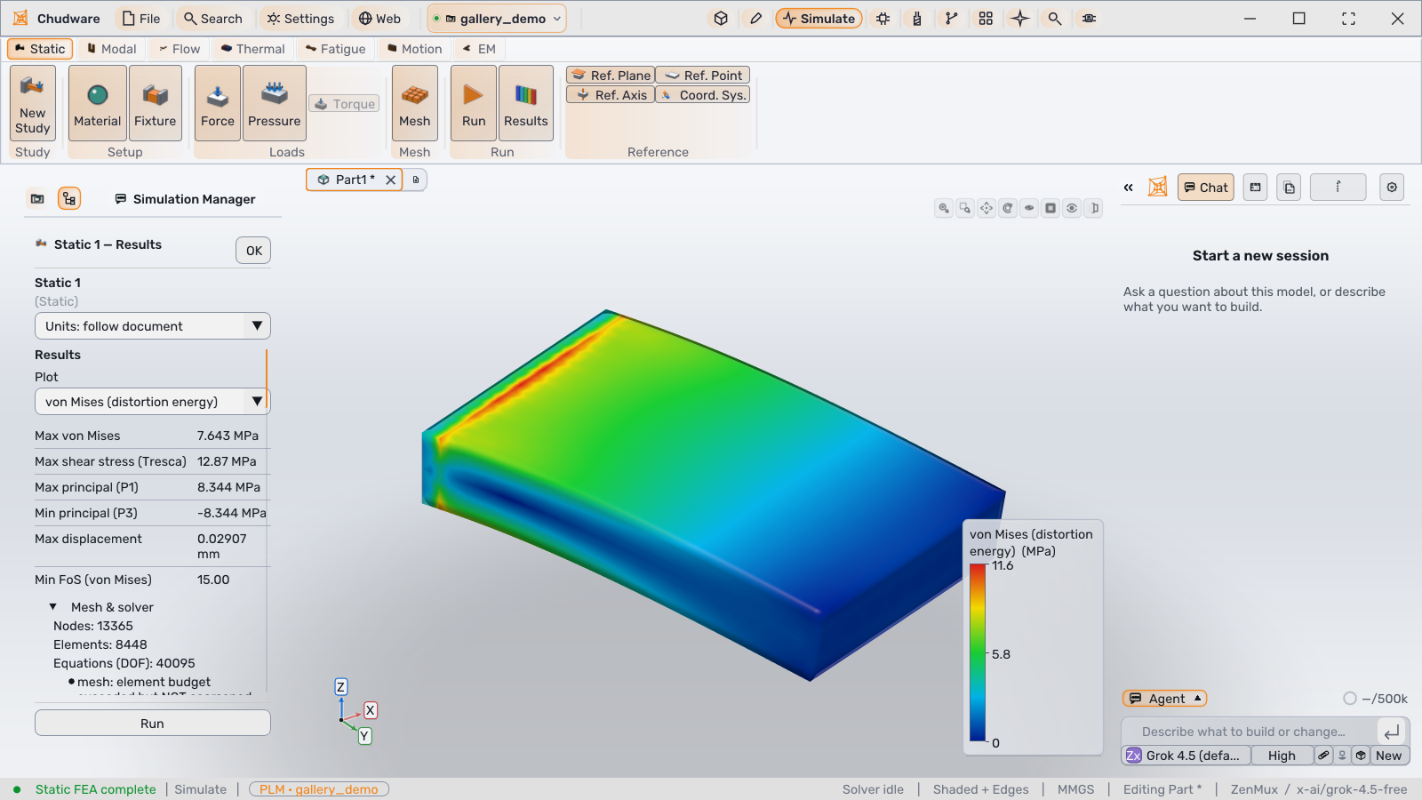 Chudware simulation workspace with a static stress result, legend, and result summary
