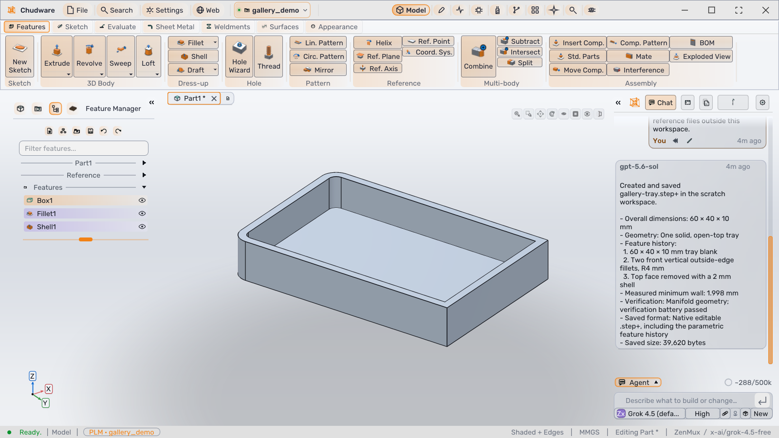 Chudware modeling workspace with a parametric enclosure and editable feature tree